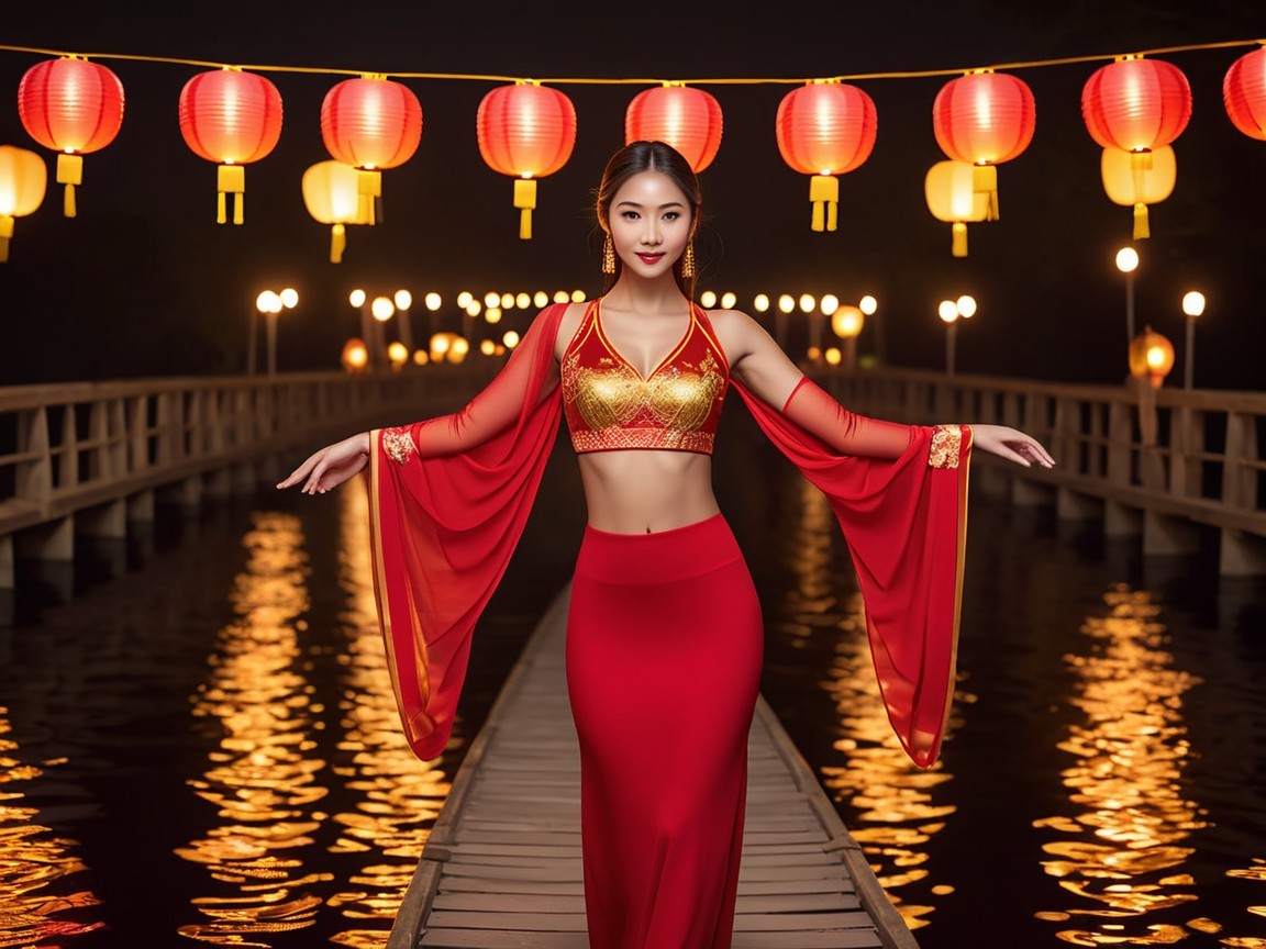 Woman in red traditional outfit on wooden bridge