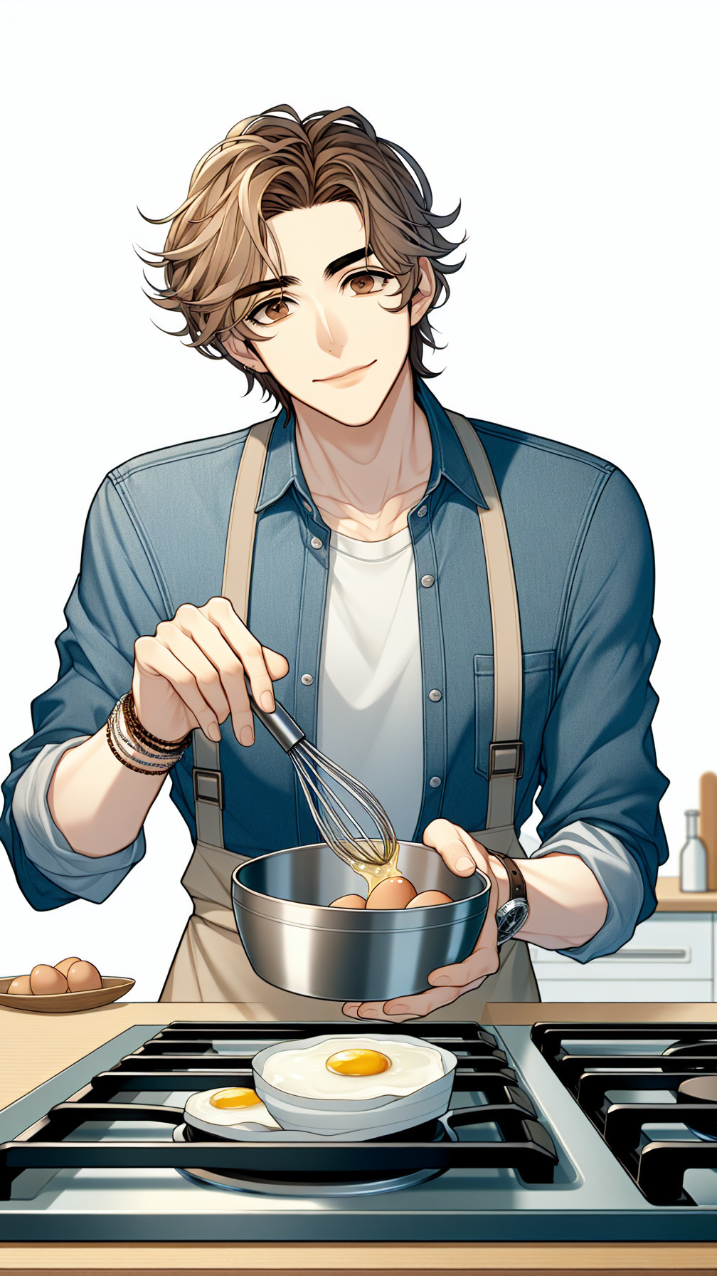 Young man whisking eggs in a bright kitchen setting