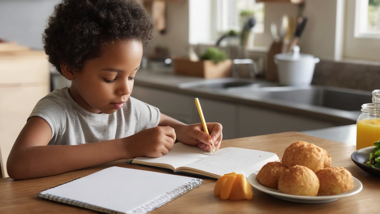 Child Writing at Table with Muffins and Juice