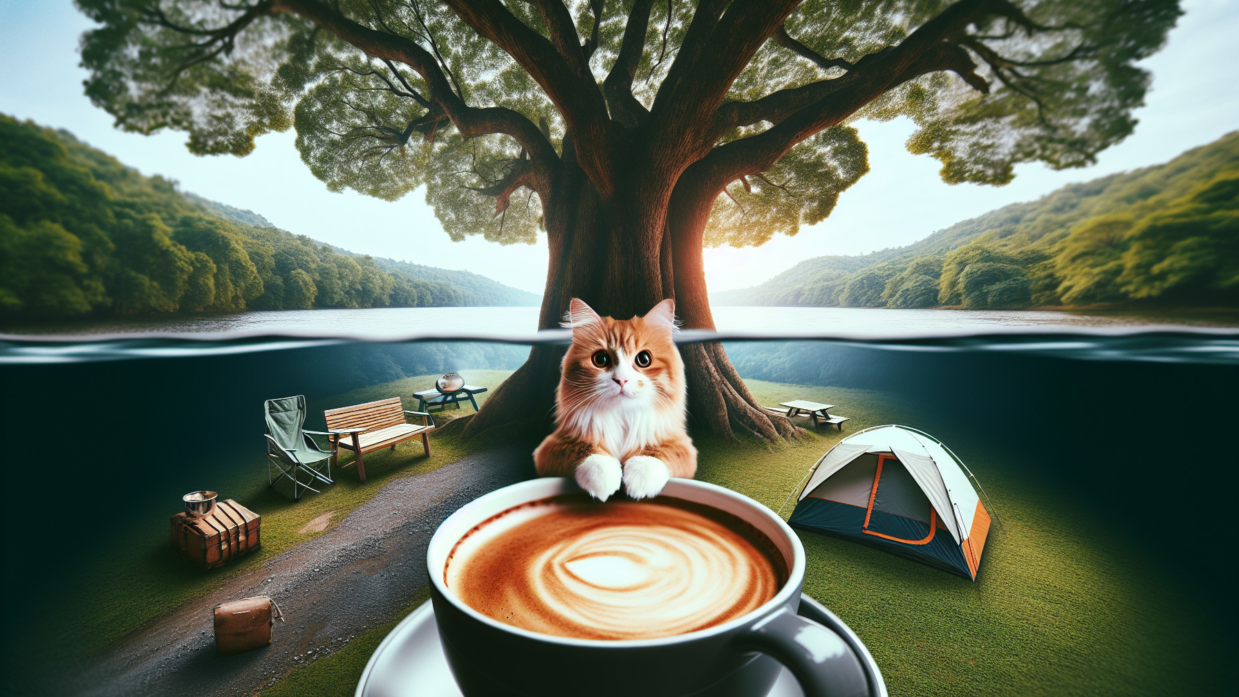 Cozy Campsite by Tranquil Lake with Latte and Cat