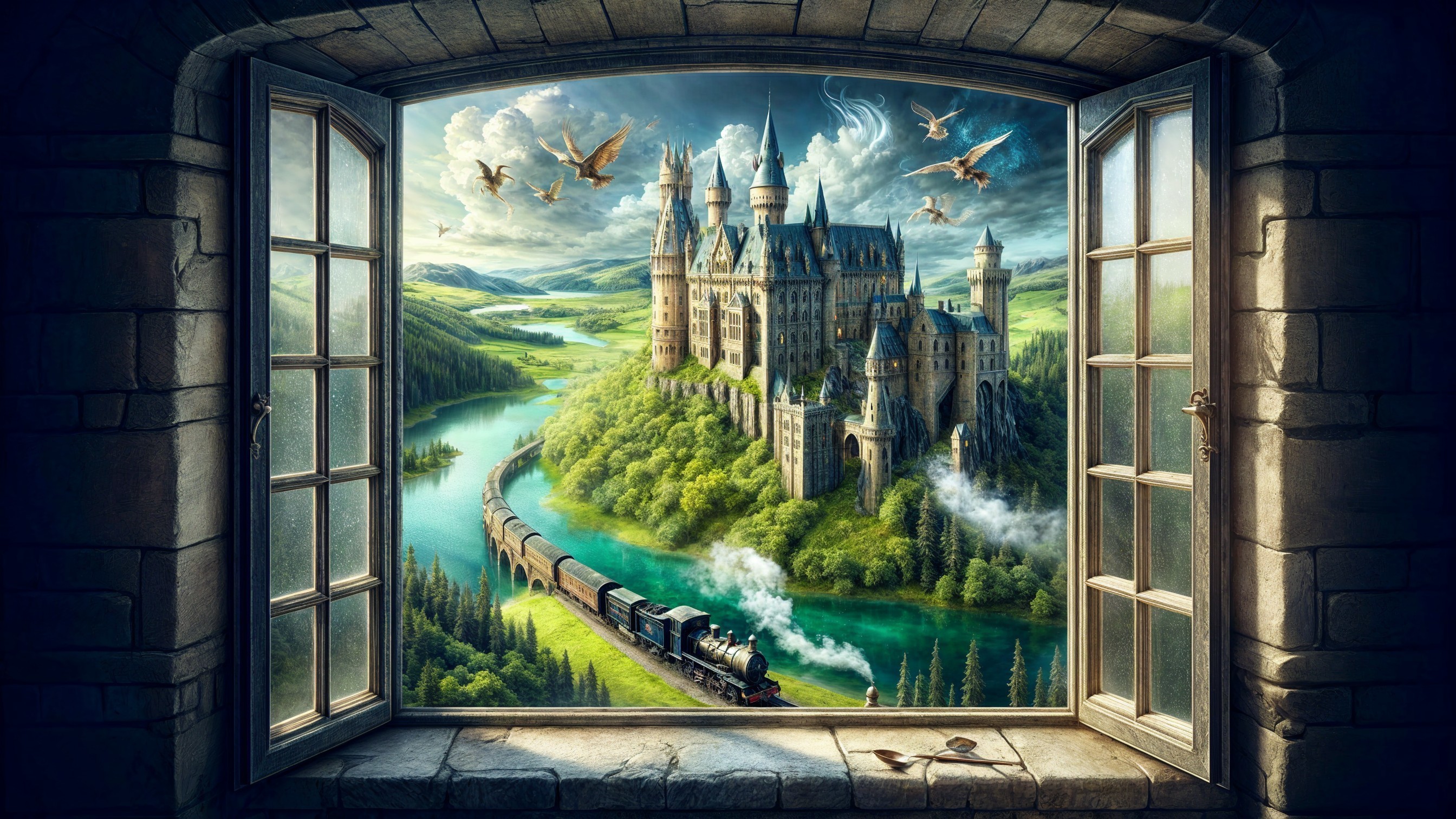 Castle on Hilltop with Vintage Train and Scenic Landscape