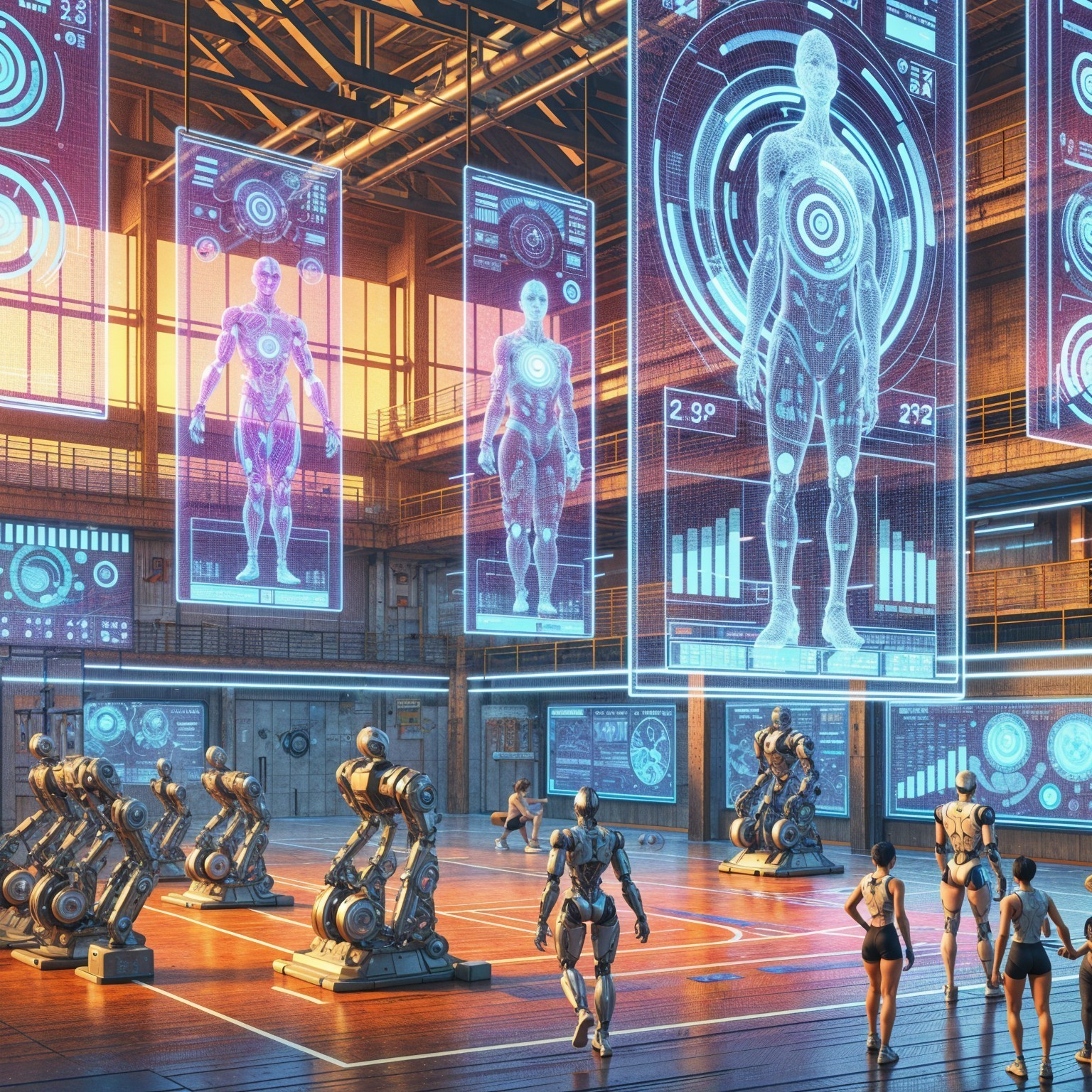 Humanoid Robots in High-Tech Facility with Data Screens