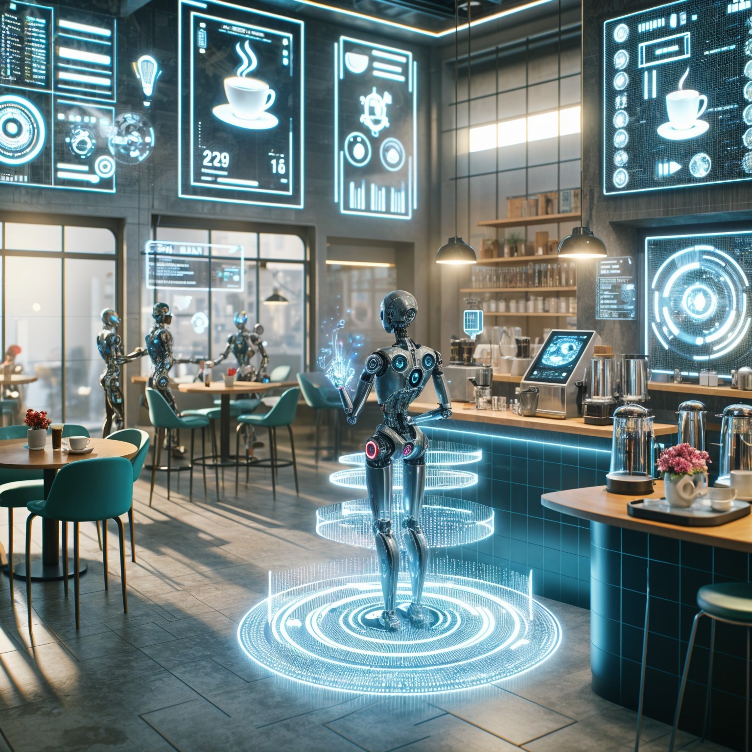 Futuristic café with humanoid robots and holographic displays