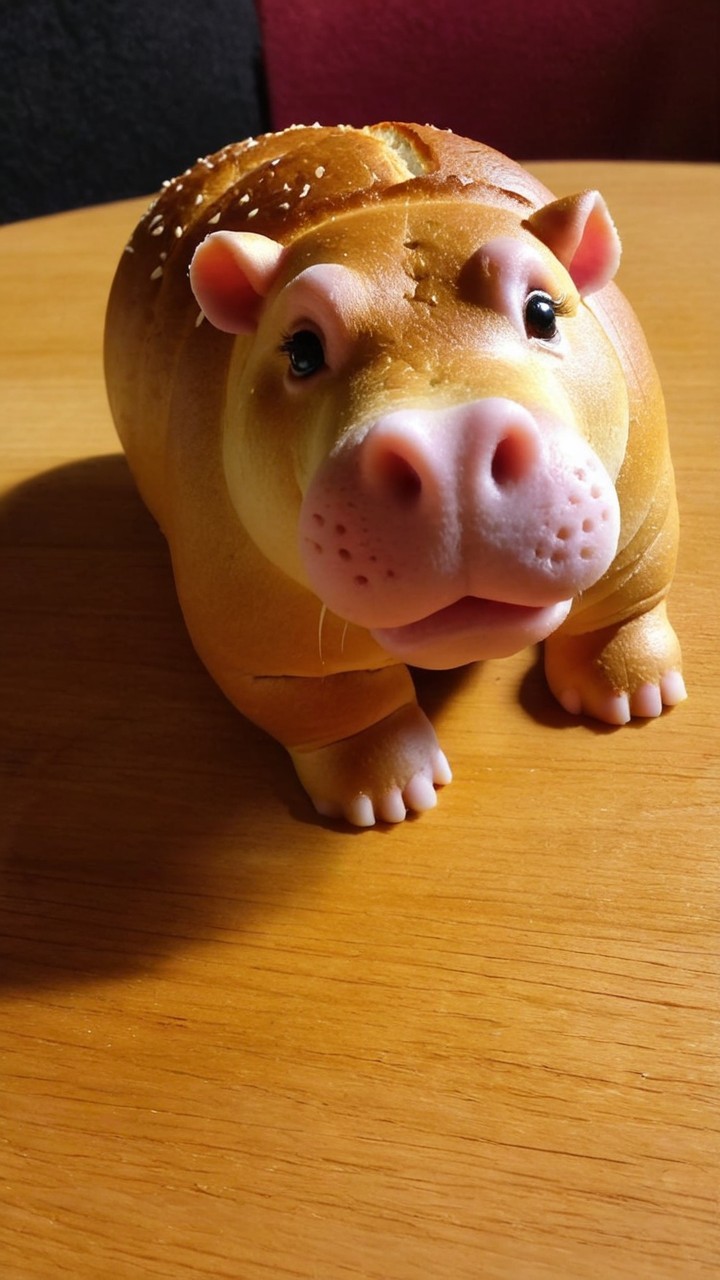 Cartoonish hippo figure with playful design details