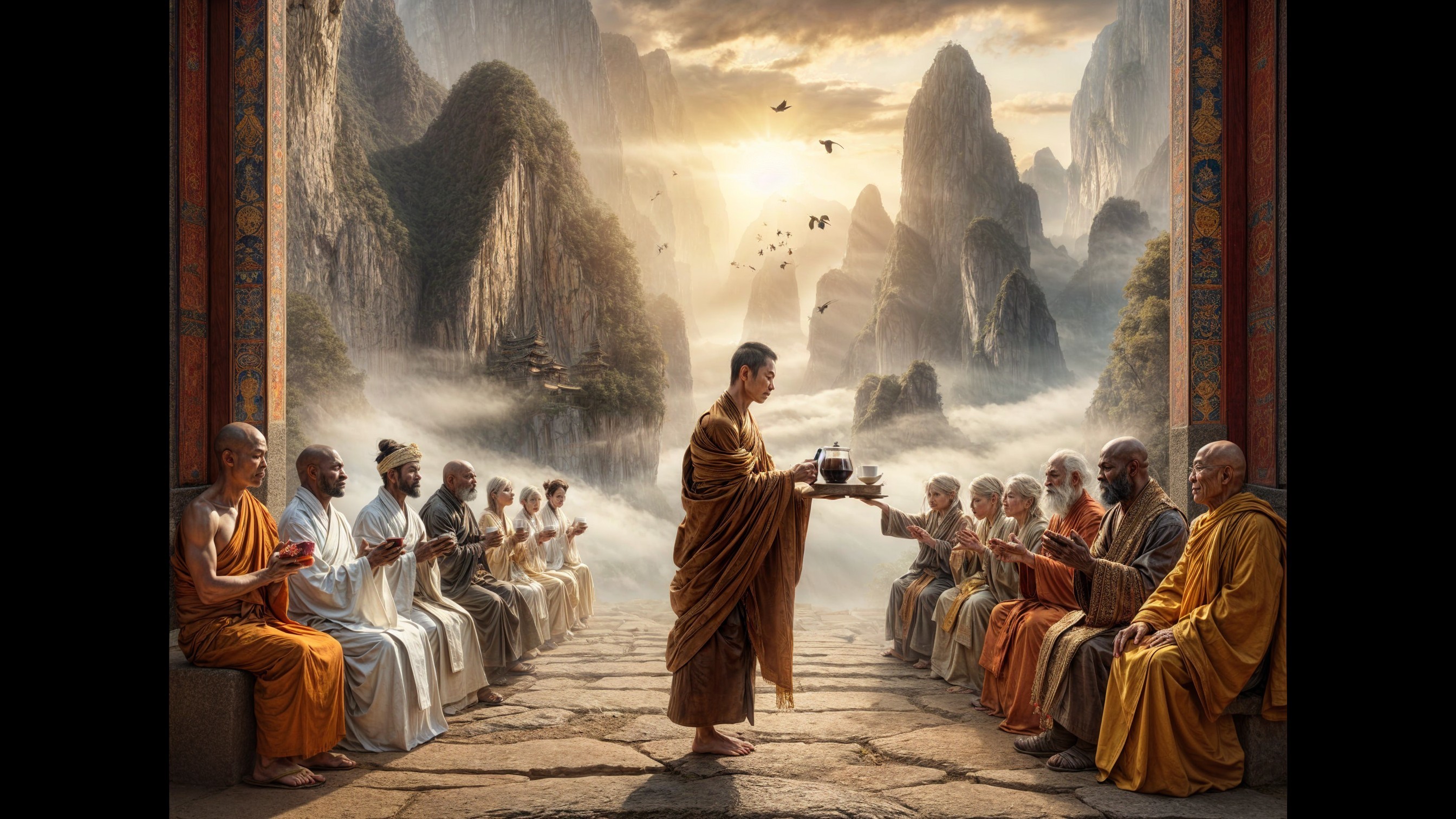 Monk Offers Tribute to Elders in Serene Landscape