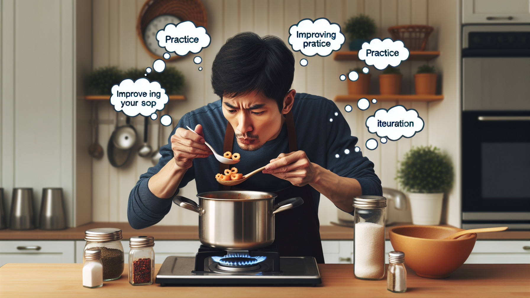 Young Man Reflects on Cooking Skills in Cozy Kitchen