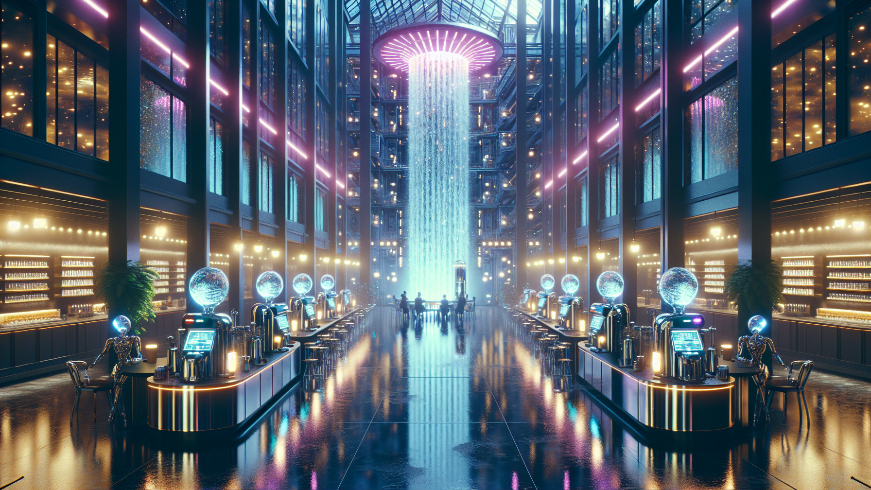 Futuristic Casino Interior with Neon Lights and Waterfall
