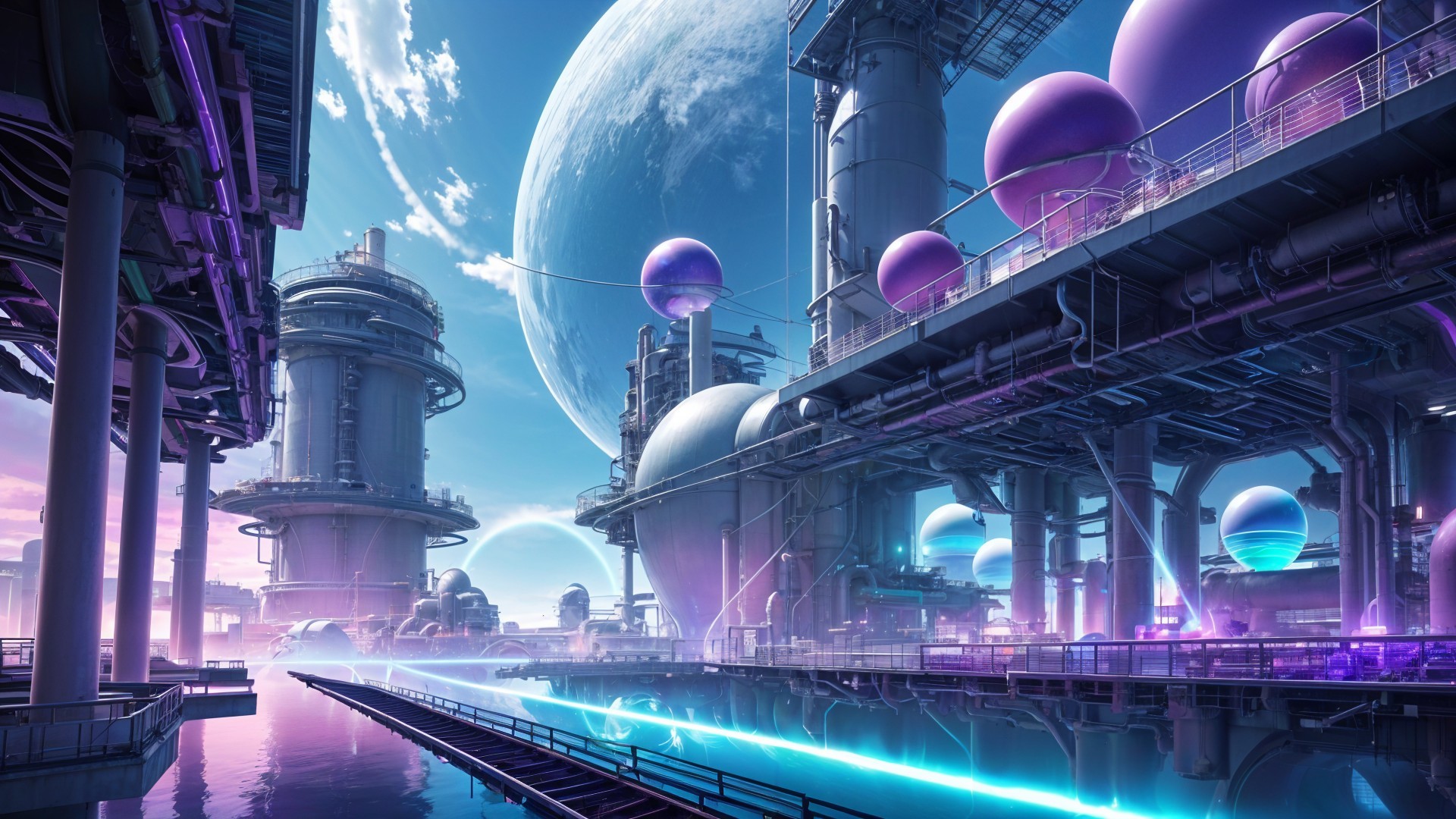Futuristic cityscape with industrial structures and spheres