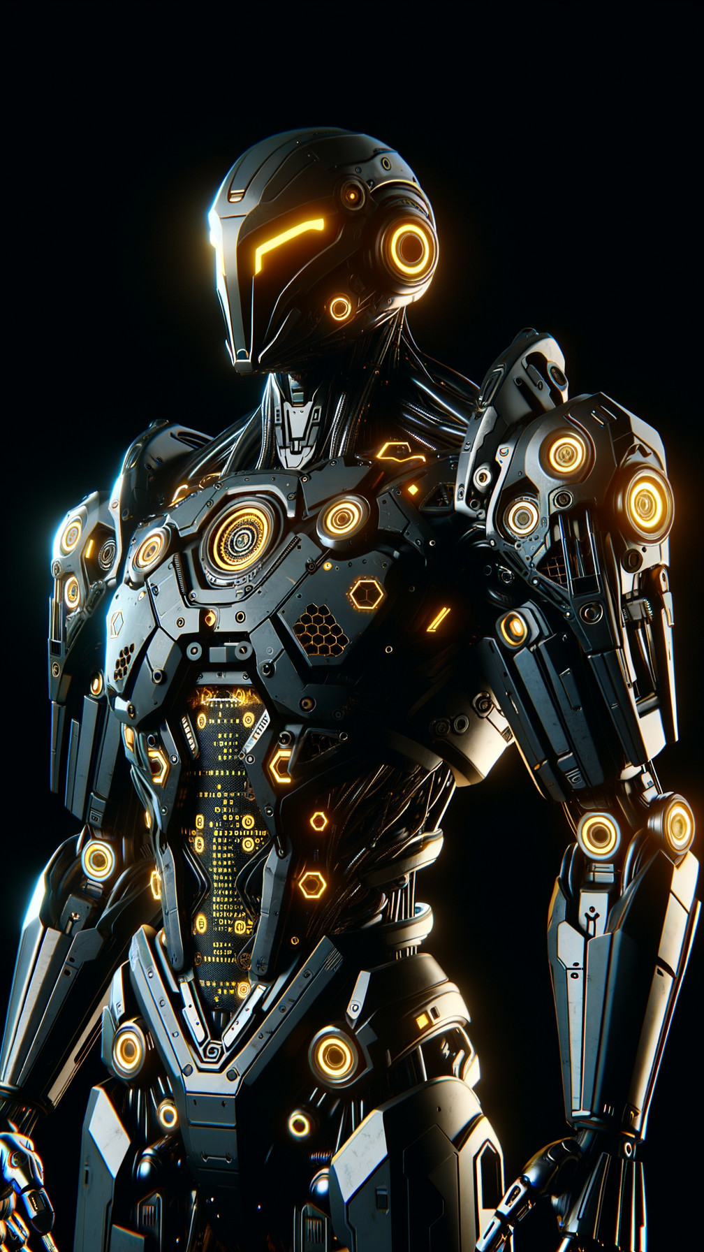 Close-up of a muscular black robotic humanoid in armor