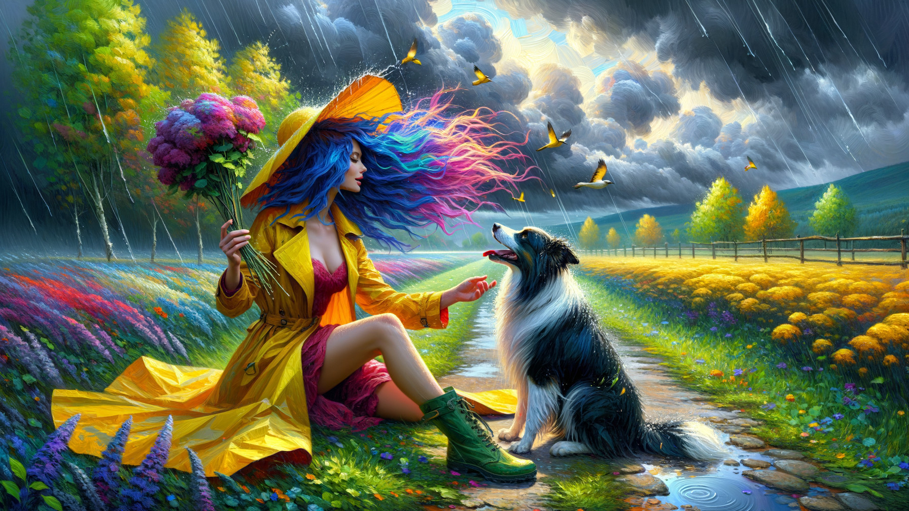 Woman in Yellow Raincoat with Dog on Rainy Path