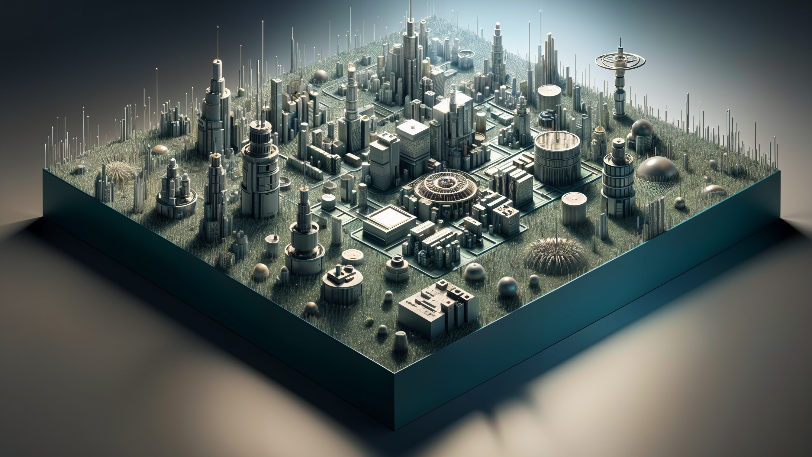 Futuristic Miniature Cityscape in Metallic Style