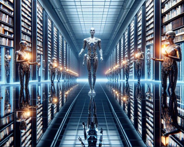 Futuristic library with robots and glowing orbs