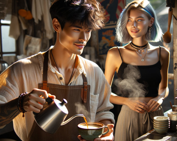 Cozy Coffee Shop Scene with Latte Art and Vintage Decor
