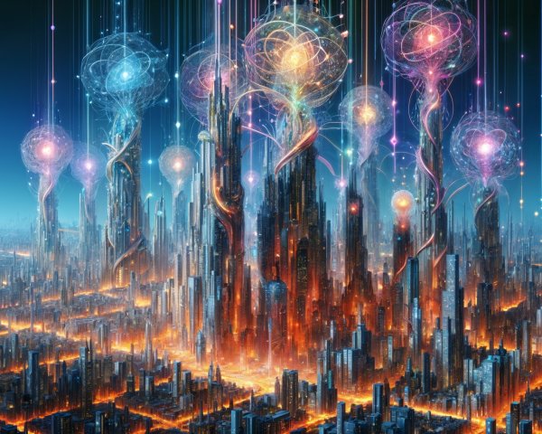 Futuristic cityscape with illuminated skyscrapers and orbs