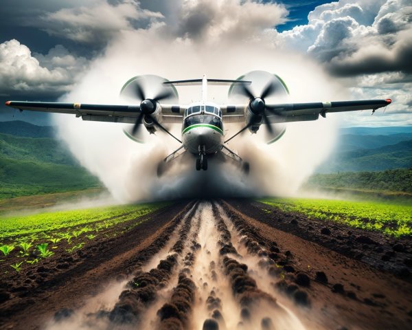 Low-Flying Plane Taking Off Over Green Field