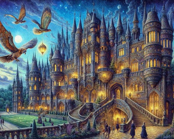 Majestic castle illuminated under a starlit sky