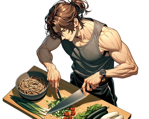Muscular Young Man Prepares Meal in Minimalist Kitchen