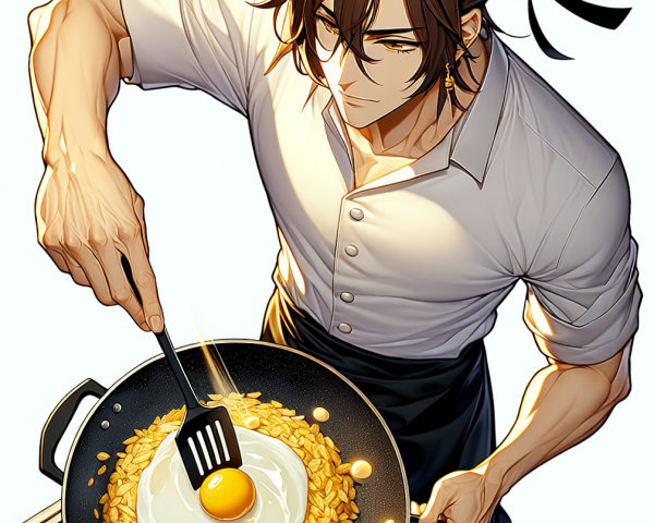 Young chef cooking fried rice with vibrant colors
