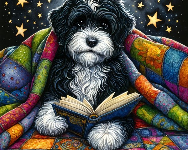 Whimsical Illustration of Dog Under Colorful Quilt