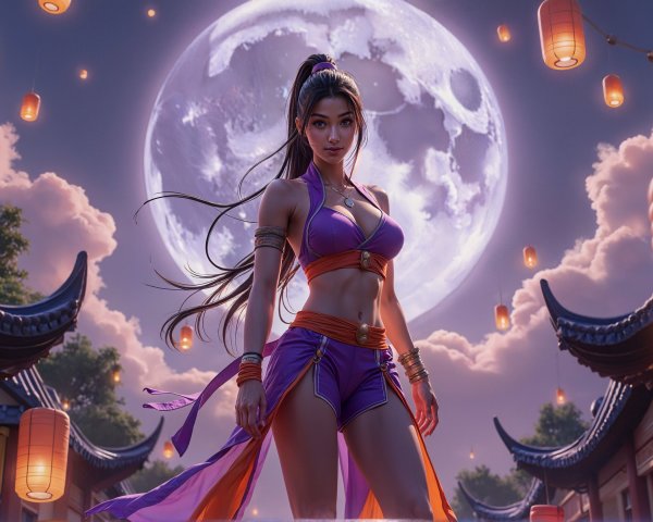 Confident Warrior Under Full Moon with Lanterns