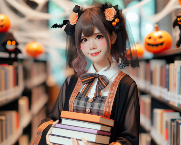 Young Woman in Halloween Library with Colorful Books