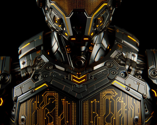 Futuristic robot in dark armor with glowing patterns