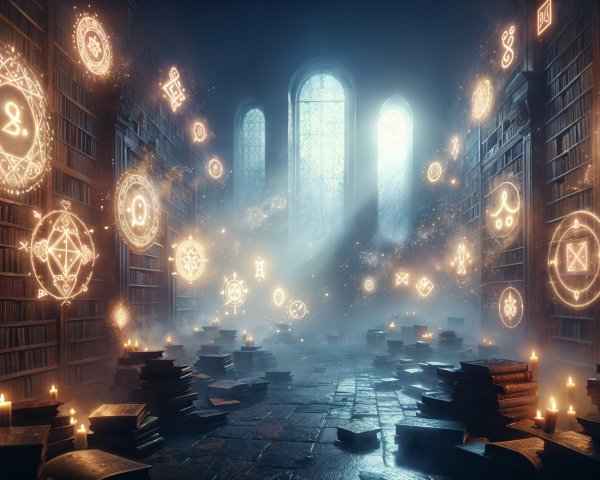 Magical library with floating runes and ethereal light