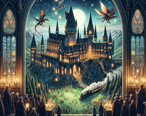 Majestic castle on a mountain with stained glass windows