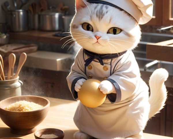 Fluffy Cat Chef in Sunlit Cozy Kitchen Setting