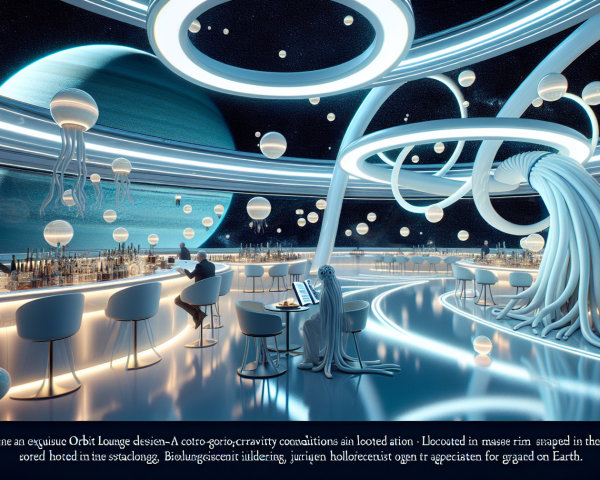 Futuristic lounge with organic designs and cosmic elements