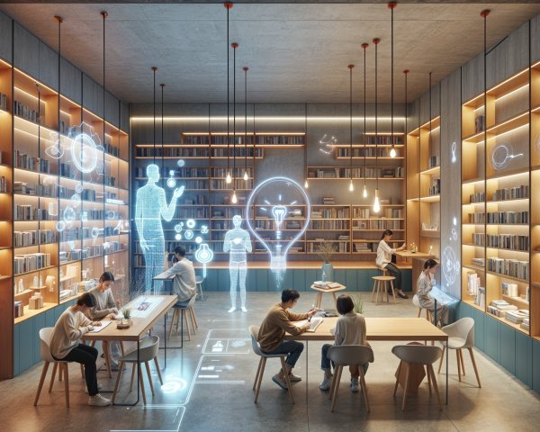 Modern library with wooden shelves and interactive elements