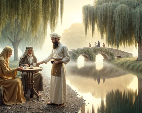 Serene River Scene with Figures in Traditional Attire