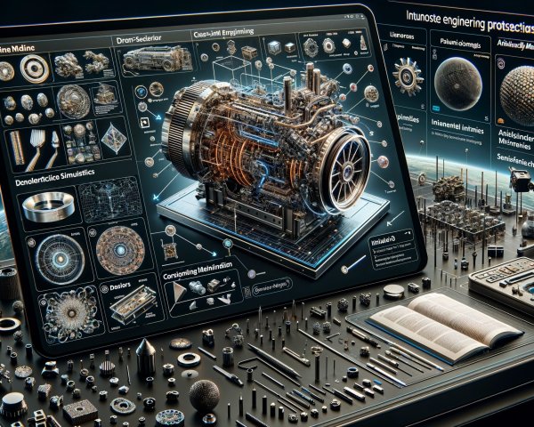 Futuristic Engineering Workspace with 3D Engine Model