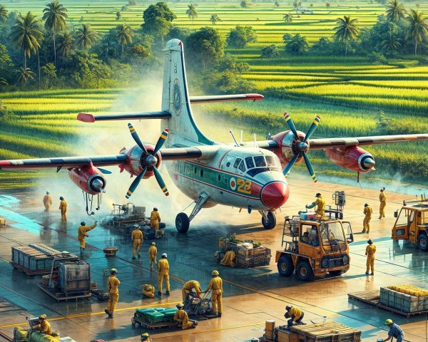 Vintage Airplane at Airfield with Lush Rice Paddies