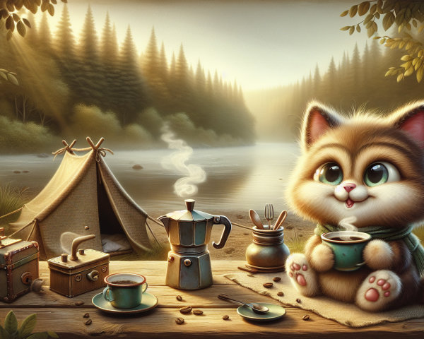 Fluffy Kitten by River with Coffee and Camping Setup