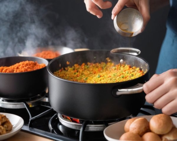 Seasoning Colorful Cooked Rice on a Gas Stove