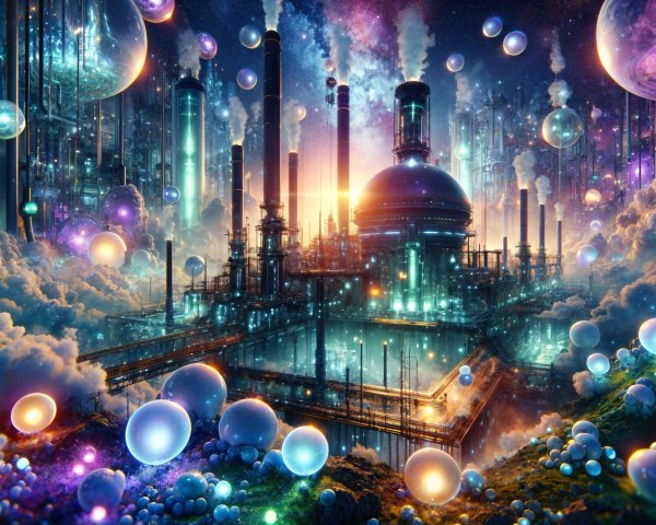 Futuristic industrial landscape with colorful clouds and orbs