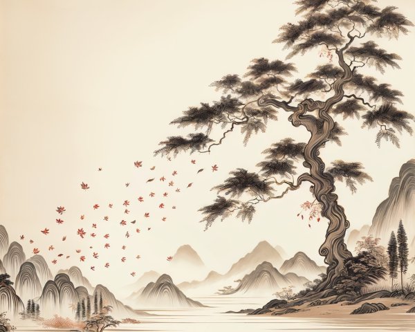Serene landscape with twisted tree and cherry blossoms