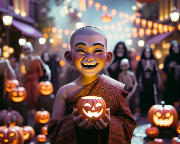 Vibrant Halloween Scene with Monk and Jack-o'-Lanterns