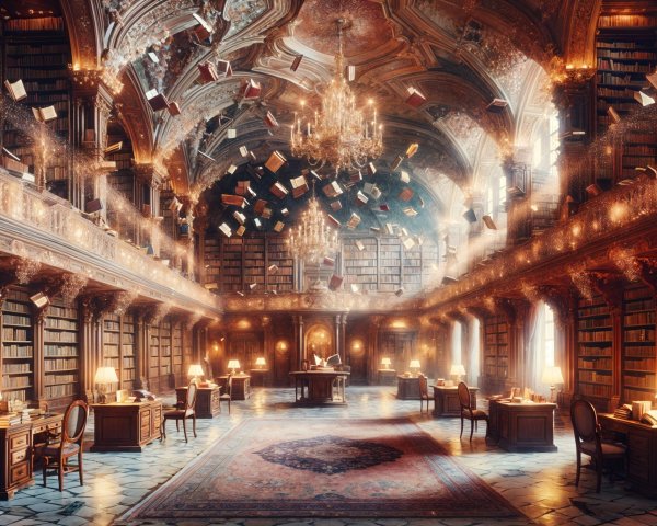 Baroque Style Magical Library with Flying Books