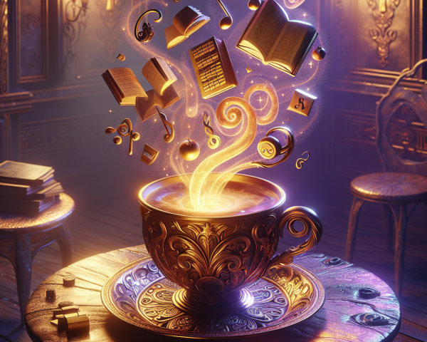 Ornate teacup with colorful steam and floating books