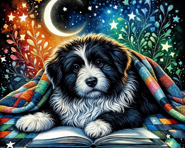 Cozy Puppy on Book Under Moonlit Night Sky