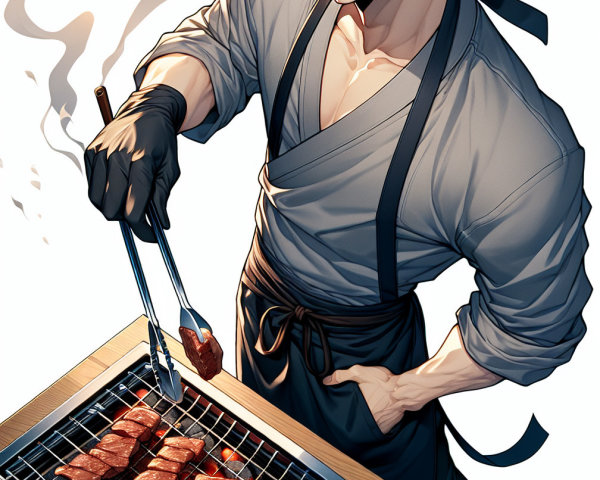 Young chef grilling marinated meat in traditional attire