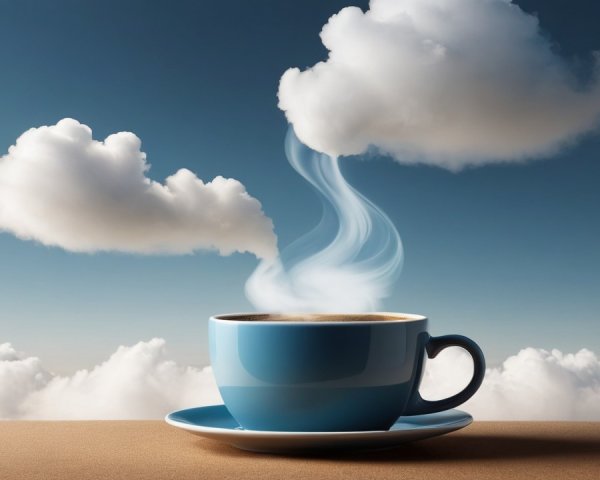 Blue Coffee Cup with Steam Transforming into Clouds
