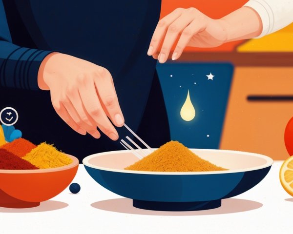 Hands Sprinkling Spices in a Colorful Kitchen Scene