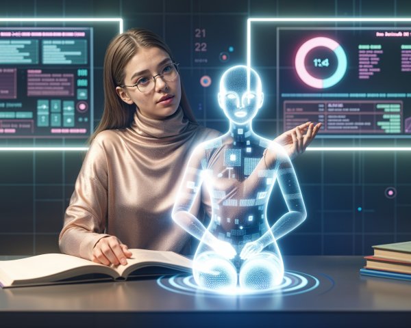 Young Woman Engaged with Holographic AI in Modern Office