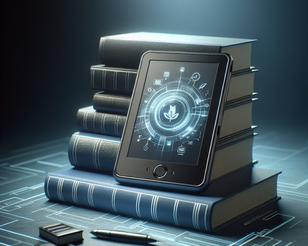 Low-angle shot of books and e-reader on a desk