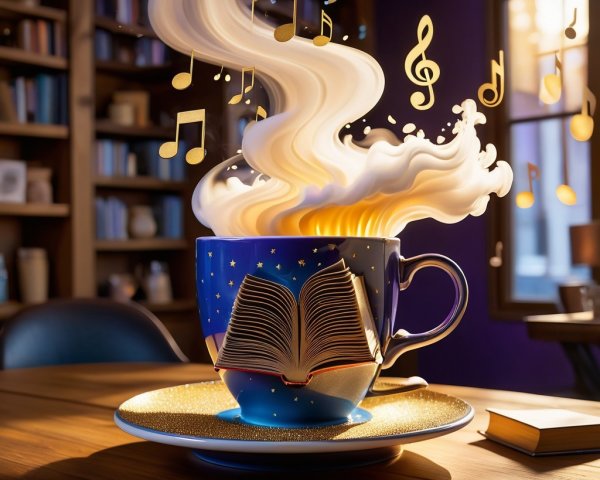 Whimsical Coffee Cup with Starry Pattern and Books