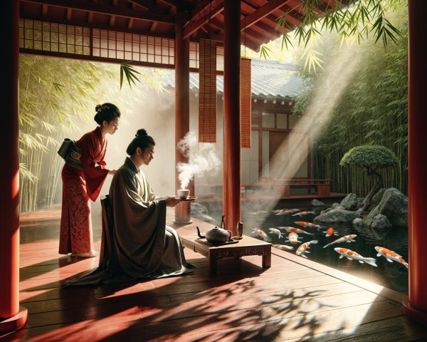 Traditional Tea Preparation in a Serene Garden Setting