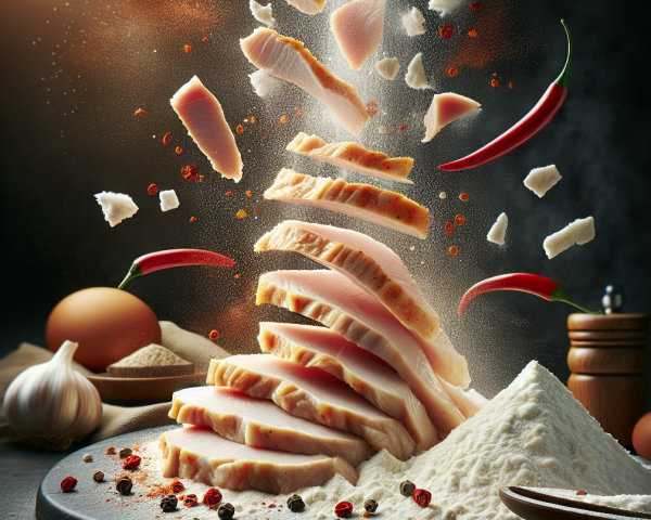 Suspended Chicken Breast Surrounded by Flour and Spices